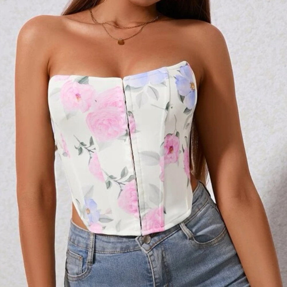 Floral Print Lace Up Back hook front closure boned corset Tube Top - Picture 3 of 5